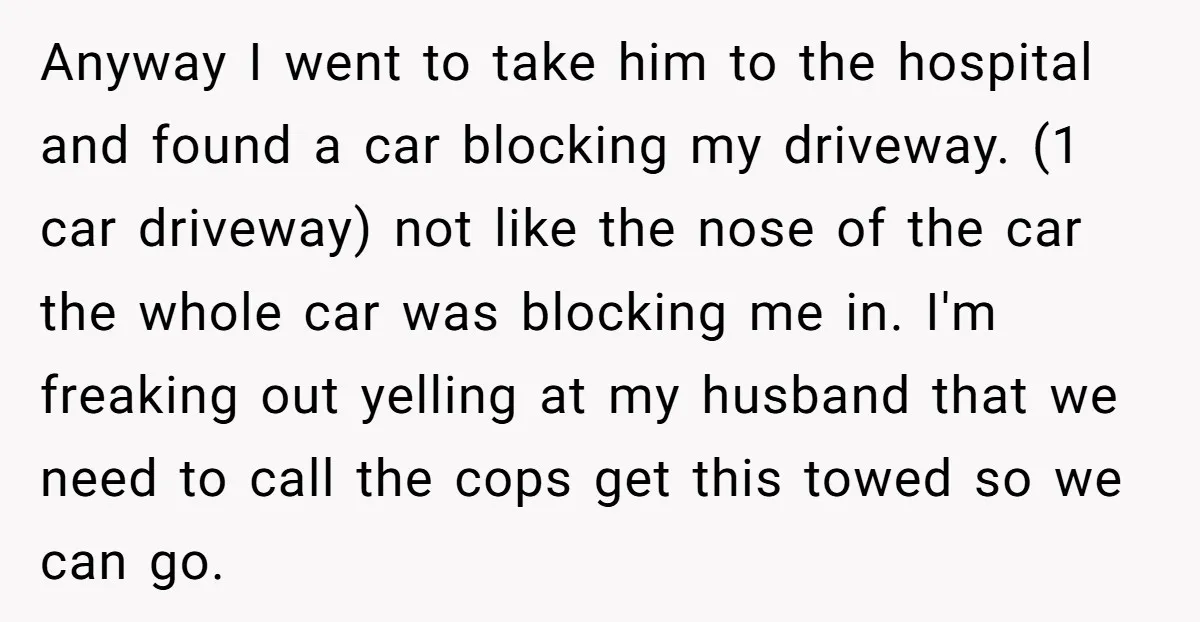Anyway I went to take him to the hospital and found a car blocking my driveway. (1 car driveway) not like the nose of the car the whole car was...