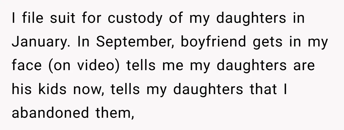 I file suit for custody of my daughters in January. In September, boyfriend gets in my face (on video) tells me my daughters are his kids now, tells my daughters...
