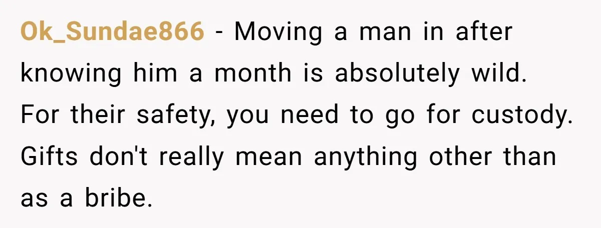 Ok_Sundae866 − Moving a man in after knowing him a month is absolutely wild. For their safety, you need to go for custody. Gifts don't really mean anything other than...