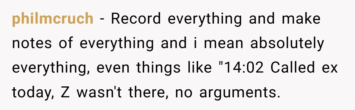 philmcruch − Record everything and make notes of everything and i mean absolutely everything, even things like "14:02 Called ex today, Z wasn't there, no arguments.