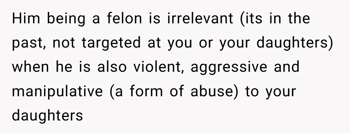 Him being a felon is irrelevant (its in the past, not targeted at you or your daughters) when he is also violent, aggressive and manipulative (a form of abuse) to...