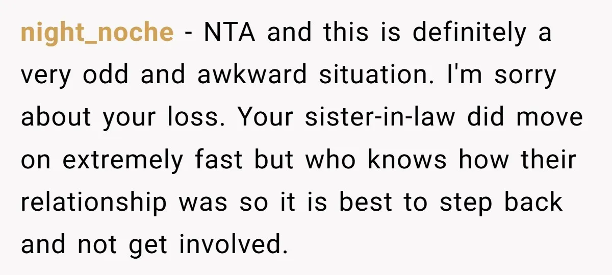 night_noche − NTA and this is definitely a very odd and awkward situation. I'm sorry about your loss. Your sister-in-law did move on extremely fast but who knows how their...