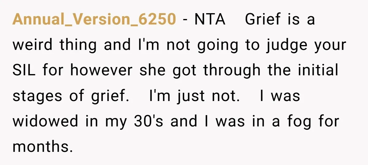 Annual_Version_6250 − NTA Grief is a weird thing and I'm not going to judge your SIL for however she got through the initial stages of grief. I'm just not. I...
