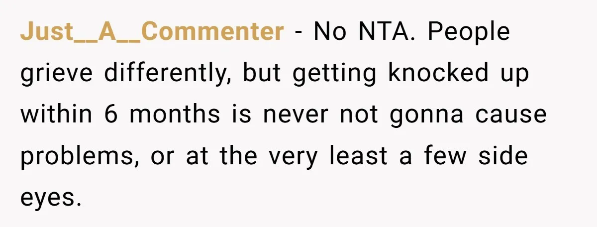 Just__A__Commenter − No NTA. People grieve differently, but getting knocked up within 6 months is never not gonna cause problems, or at the very least a few side eyes.