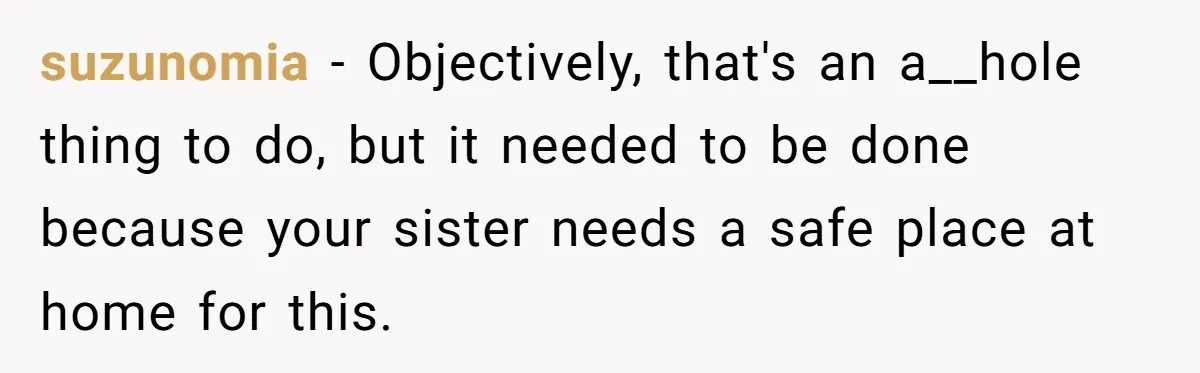 suzunomia − Objectively, that's an a__hole thing to do, but it needed to be done because your sister needs a safe place at home for this.