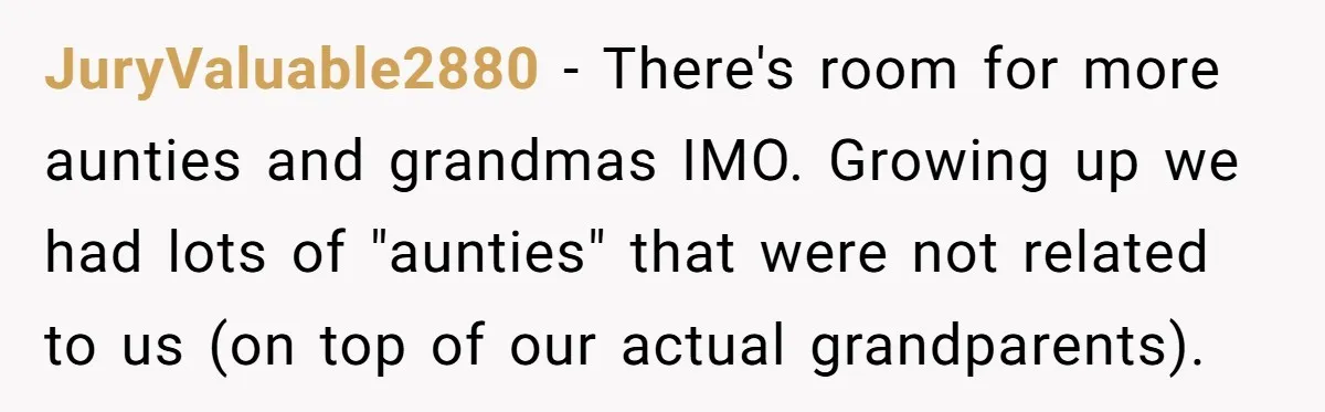 JuryValuable2880 − There's room for more aunties and grandmas IMO. Growing up we had lots of "aunties" that were not related to us (on top of our actual grandparents).