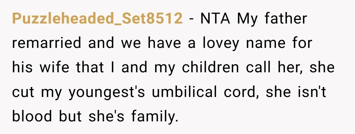 Puzzleheaded_Set8512 − NTA My father remarried and we have a lovey name for his wife that I and my children call her, she cut my youngest's umbilical cord, she isn't...