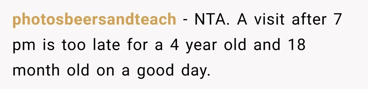 photosbeersandteach − NTA. A visit after 7 pm is too late for a 4 year old and 18 month old on a good day.