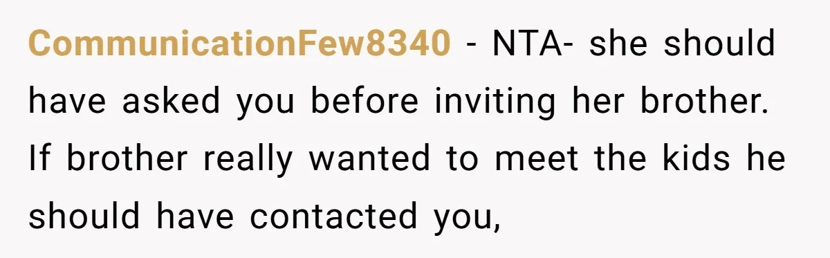 CommunicationFew8340 − NTA- she should have asked you before inviting her brother. If brother really wanted to meet the kids he should have contacted you,