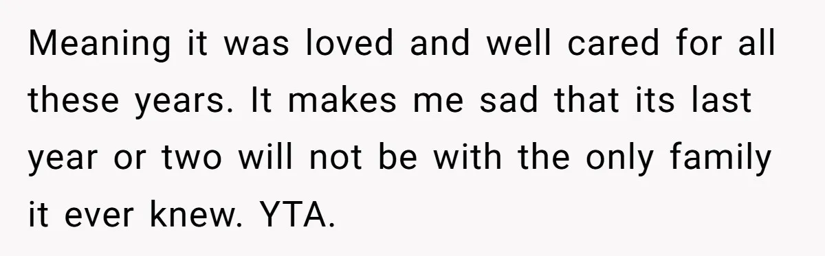 Meaning it was loved and well cared for all these years. It makes me sad that its last year or two will not be with the only family it ever...