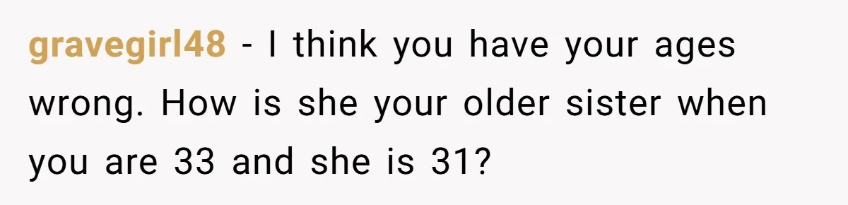 gravegirl48 - I think you have your ages wrong. How is she your older sister when you are 33 and she is 31?