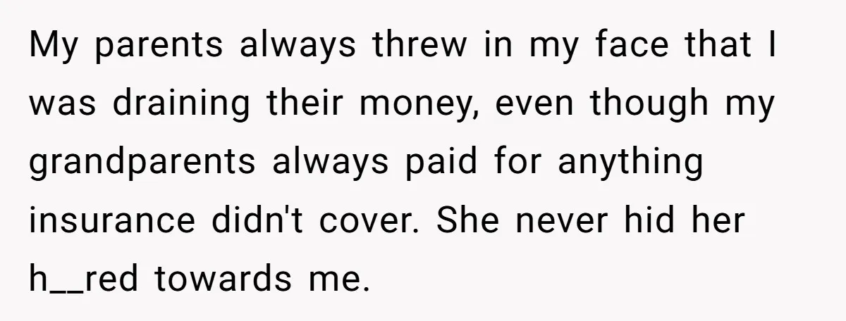 My parents always threw in my face that I was draining their money, even though my grandparents always paid for anything insurance didn't cover. She never hid her h__red towards...