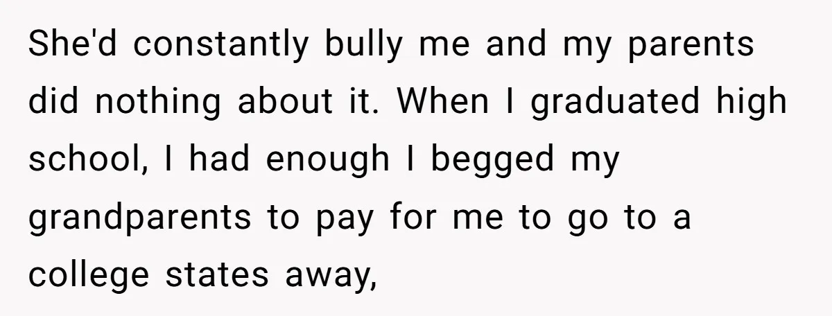 She'd constantly bully me and my parents did nothing about it. When I graduated high school, I had enough I begged my grandparents to pay for me to go to...