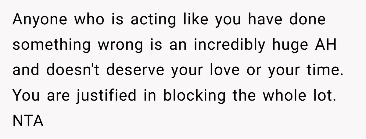 Anyone who is acting like you have done something wrong is an incredibly huge AH and doesn't deserve your love or your time. You are justified in blocking the whole...