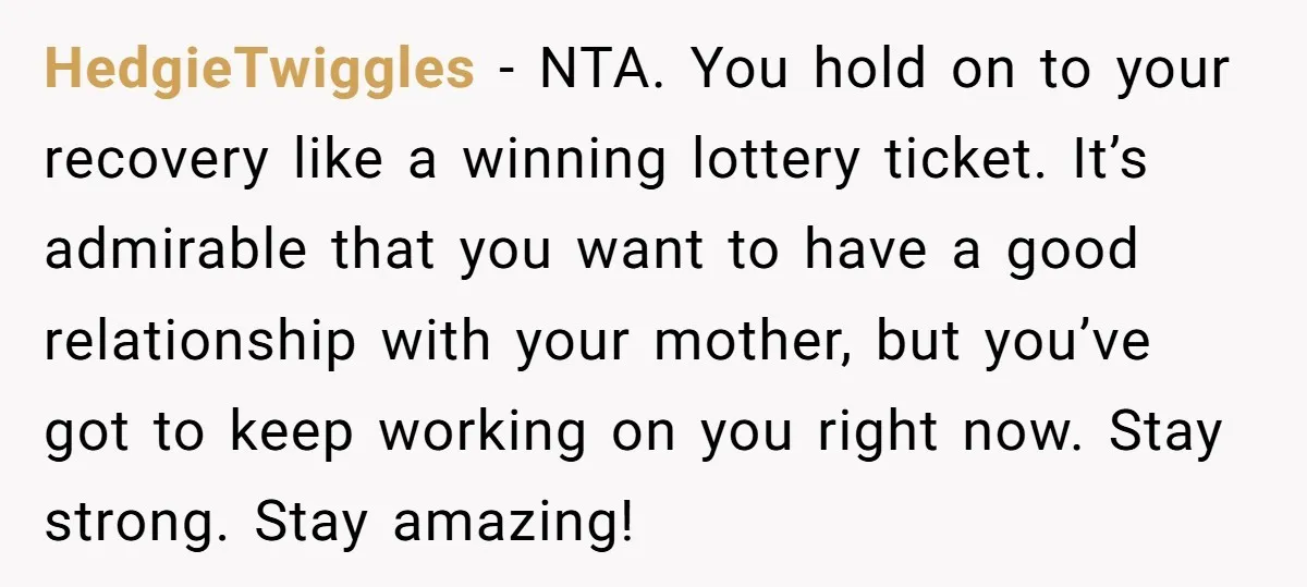 HedgieTwiggles − NTA. You hold on to your recovery like a winning lottery ticket. It’s admirable that you want to have a good relationship with your mother, but you’ve got...