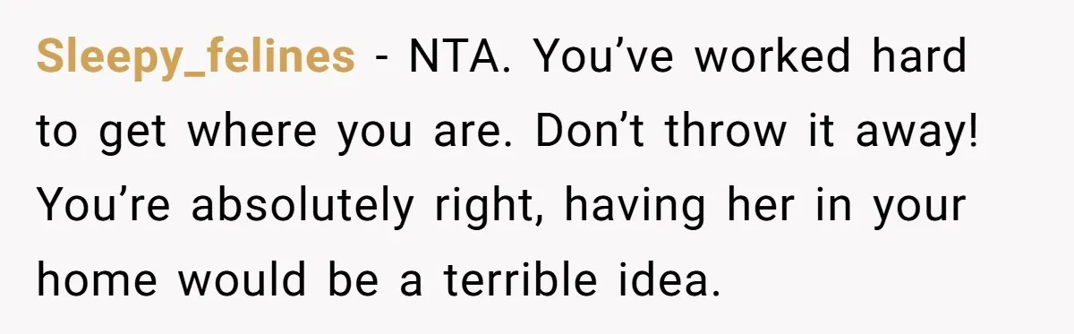 Sleepy_felines − NTA. You’ve worked hard to get where you are. Don’t throw it away! You’re absolutely right, having her in your home would be a terrible idea.