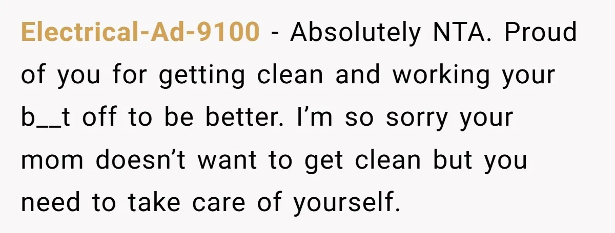 Electrical-Ad-9100 − Absolutely NTA. Proud of you for getting clean and working your b__t off to be better. I’m so sorry your mom doesn’t want to get clean but you...