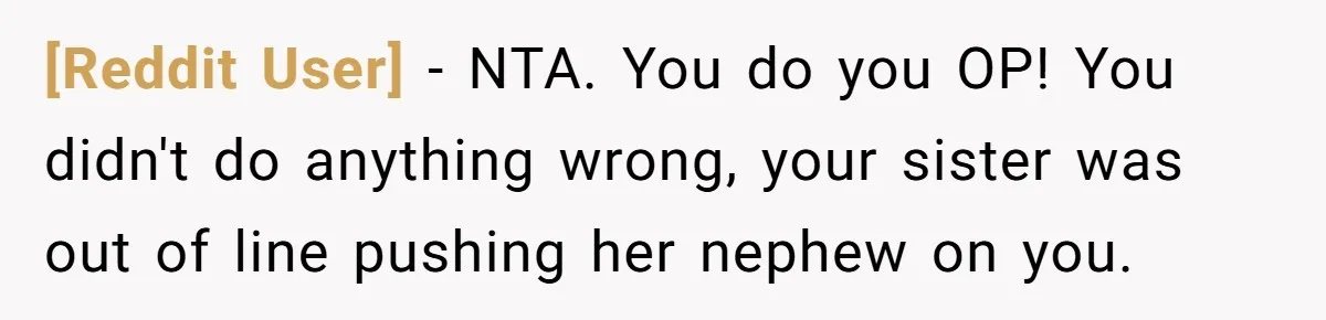 [Reddit User] − NTA. You do you OP! You didn't do anything wrong, your sister was out of line pushing her nephew on you.