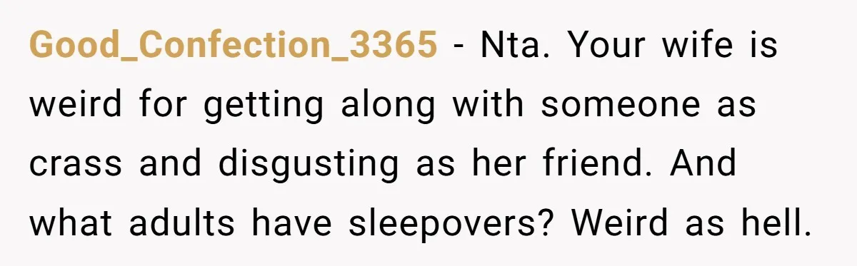 Good_Confection_3365 − Nta. Your wife is weird for getting along with someone as crass and disgusting as her friend. And what adults have sleepovers? Weird as hell.