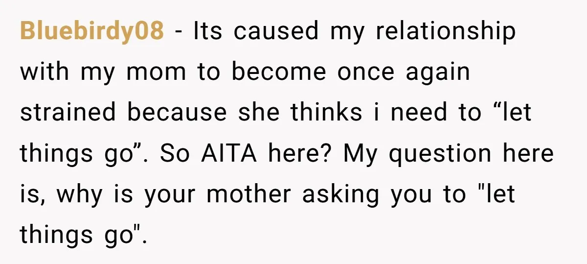 Bluebirdy08 - Its caused my relationship with my mom to become once again strained because she thinks i need to “let things go”. So AITA here? My question here is,...