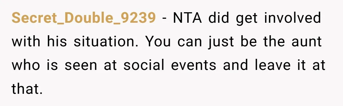Secret_Double_9239 - NTA did get involved with his situation. You can just be the aunt who is seen at social events and leave it at that.