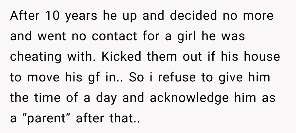 After 10 years he up and decided no more and went no contact for a girl he was cheating with. Kicked them out if his house to move his gf...