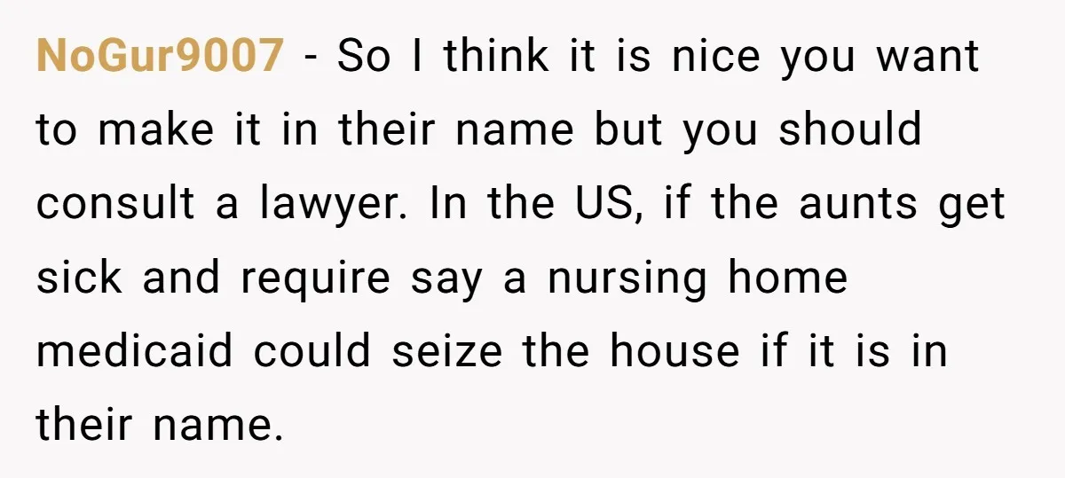 NoGur9007 − So I think it is nice you want to make it in their name but you should consult a lawyer. In the US, if the aunts get sick...