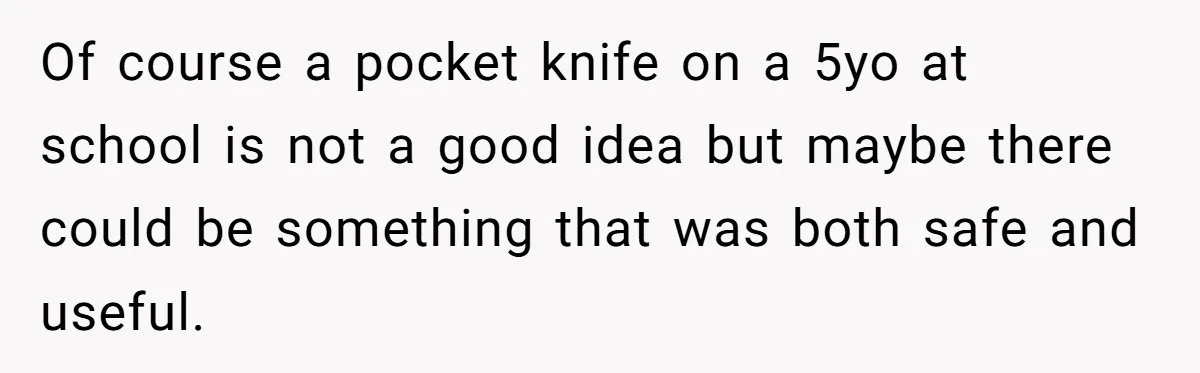 Of course a pocket knife on a 5yo at school is not a good idea but maybe there could be something that was both safe and useful.