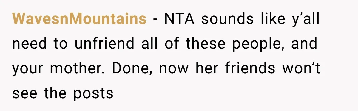 WavesnMountains - NTA sounds like y’all need to unfriend all of these people, and your mother. Done, now her friends won’t see the posts