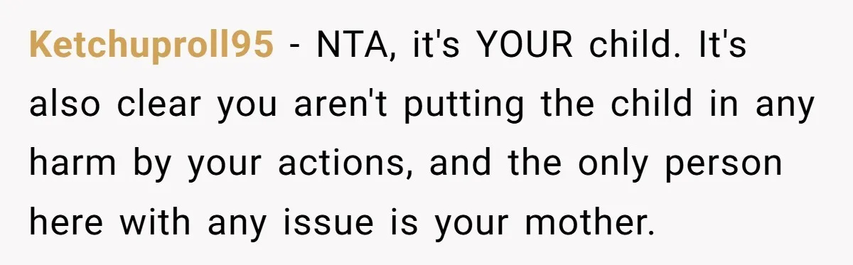 Ketchuproll95 - NTA, it's YOUR child. It's also clear you aren't putting the child in any harm by your actions, and the only person here with any issue is your...