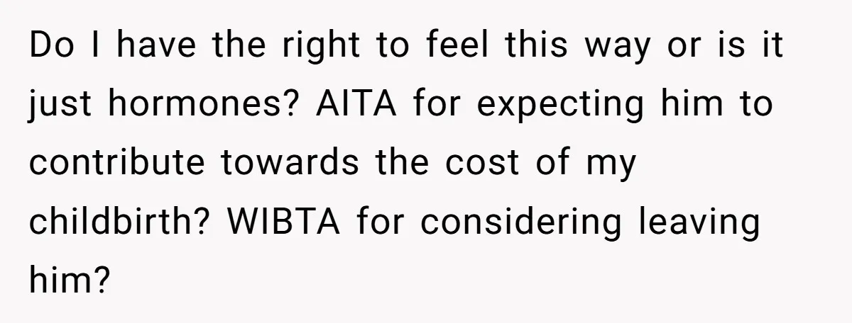 Do I have the right to feel this way or is it just hormones? AITA for expecting him to contribute towards the cost of my childbirth? WIBTA for considering leaving...