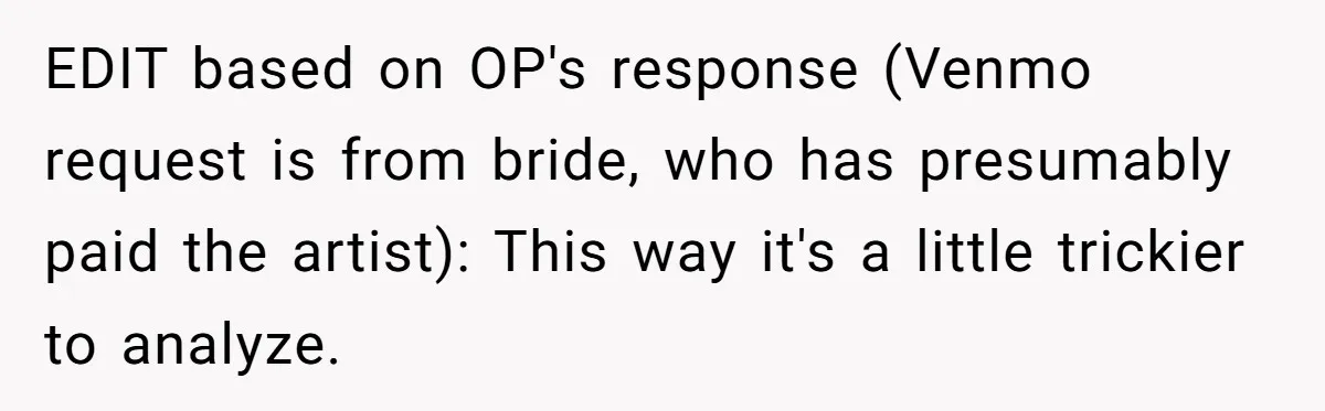 EDIT based on OP's response (Venmo request is from bride, who has presumably paid the artist): This way it's a little trickier to analyze.
