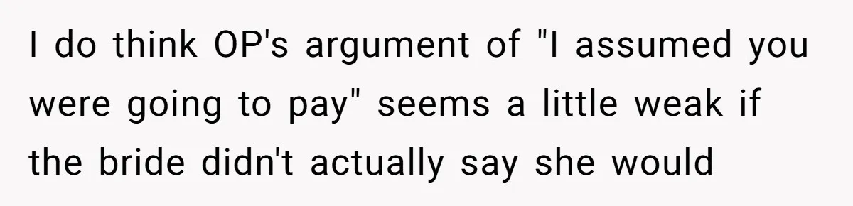 I do think OP's argument of "I assumed you were going to pay" seems a little weak if the bride didn't actually say she would