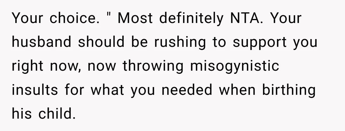 Your choice. " Most definitely NTA. Your husband should be rushing to support you right now, now throwing misogynistic insults for what you needed when birthing his child.