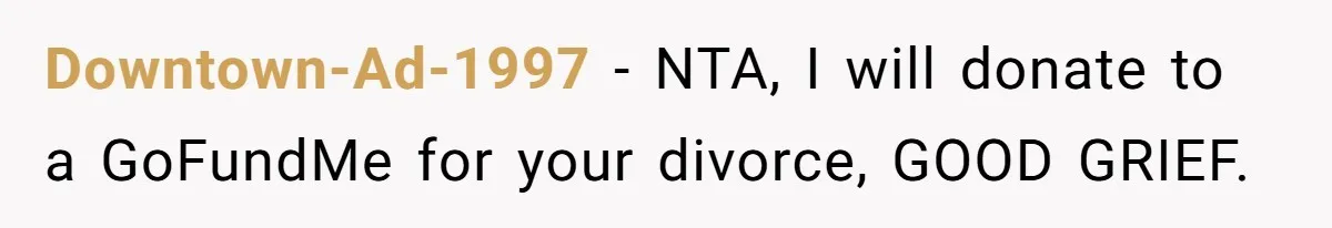 Downtown-Ad-1997 − NTA, I will donate to a GoFundMe for your divorce, GOOD GRIEF.