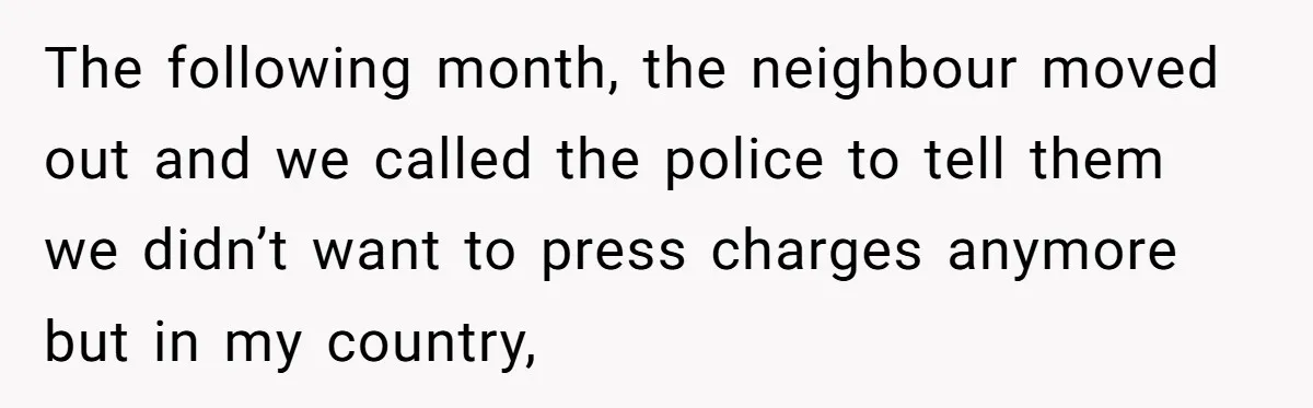 The following month, the neighbour moved out and we called the police to tell them we didn’t want to press charges anymore but in my country,