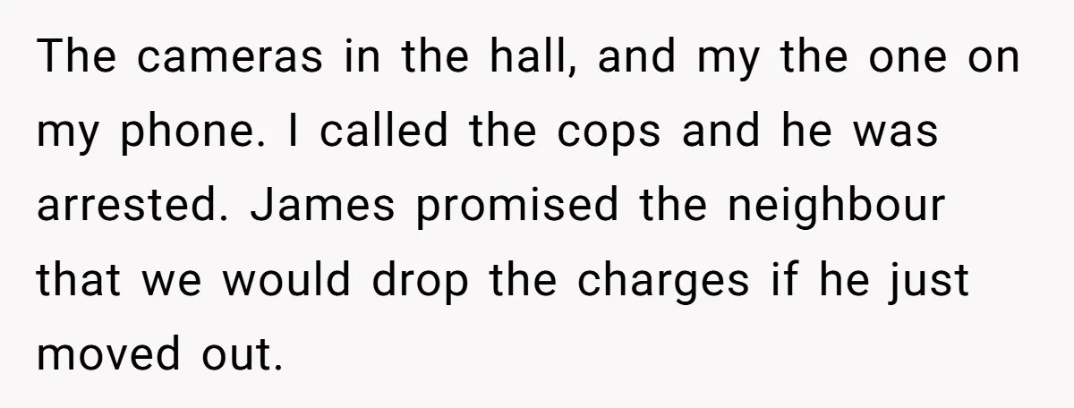 The cameras in the hall, and my the one on my phone. I called the cops and he was arrested. James promised the neighbour that we would drop the charges...