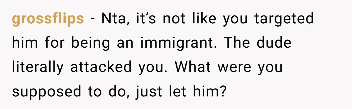 grossflips − Nta, it’s not like you targeted him for being an immigrant. The dude literally attacked you. What were you supposed to do, just let him?