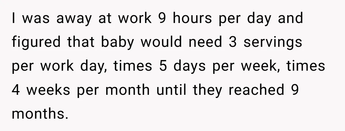 I was away at work 9 hours per day and figured that baby would need 3 servings per work day, times 5 days per week, times 4 weeks per month...