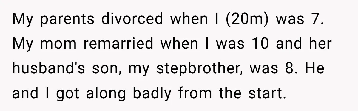 My parents divorced when I (20m) was 7. My mom remarried when I was 10 and her husband's son, my stepbrother, was 8. He and I got along badly from...