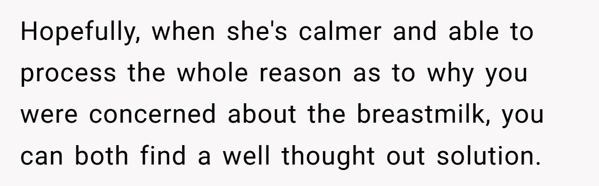 Hopefully, when she's calmer and able to process the whole reason as to why you were concerned about the breastmilk, you can both find a well thought out solution.