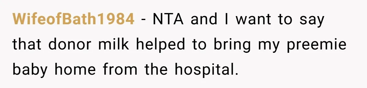 WifeofBath1984 − NTA and I want to say that donor milk helped to bring my preemie baby home from the hospital.