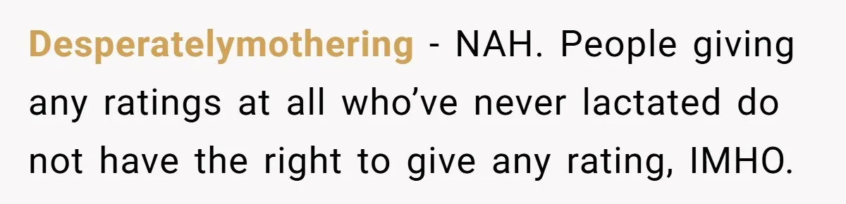 Desperatelymothering − NAH. People giving any ratings at all who’ve never lactated do not have the right to give any rating, IMHO.