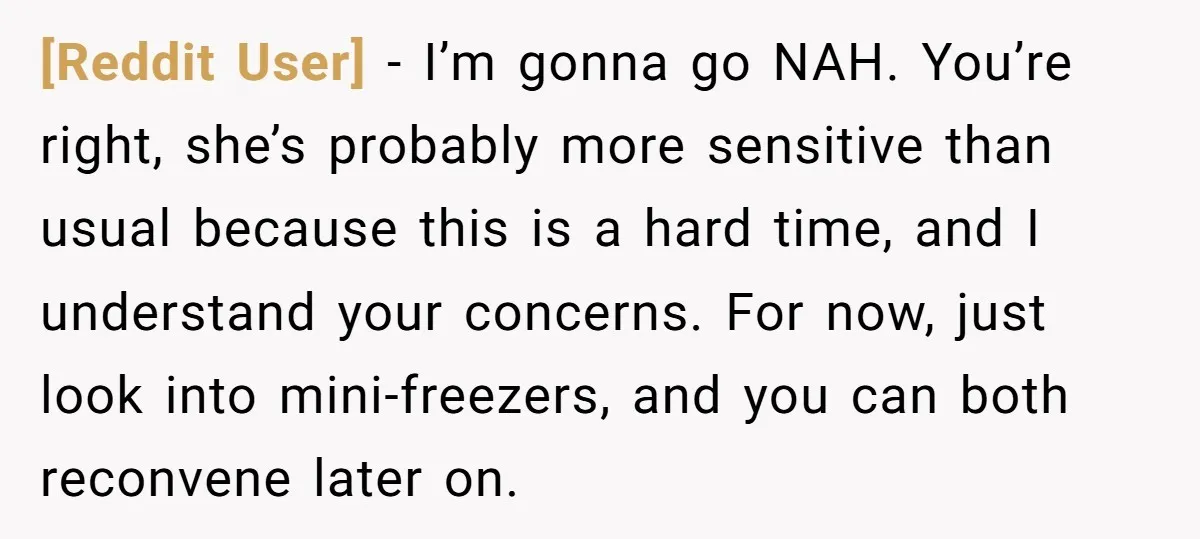 [Reddit User] − I’m gonna go NAH. You’re right, she’s probably more sensitive than usual because this is a hard time, and I understand your concerns. For now, just look...