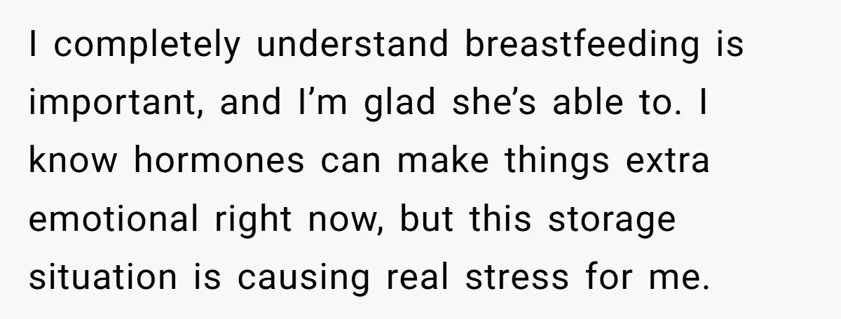 I completely understand breastfeeding is important, and I’m glad she’s able to. I know hormones can make things extra emotional right now, but this storage situation is causing real stress...