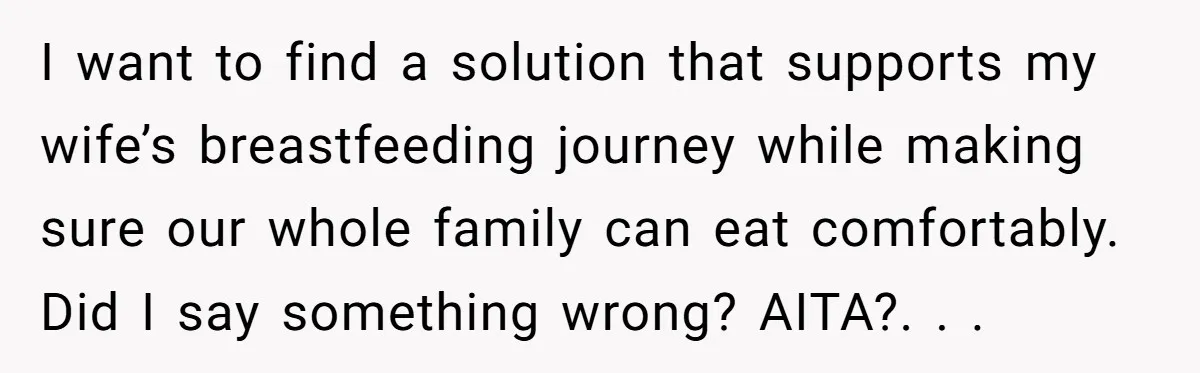 I want to find a solution that supports my wife’s breastfeeding journey while making sure our whole family can eat comfortably. Did I say something wrong? AITA?. ​. ​. ​