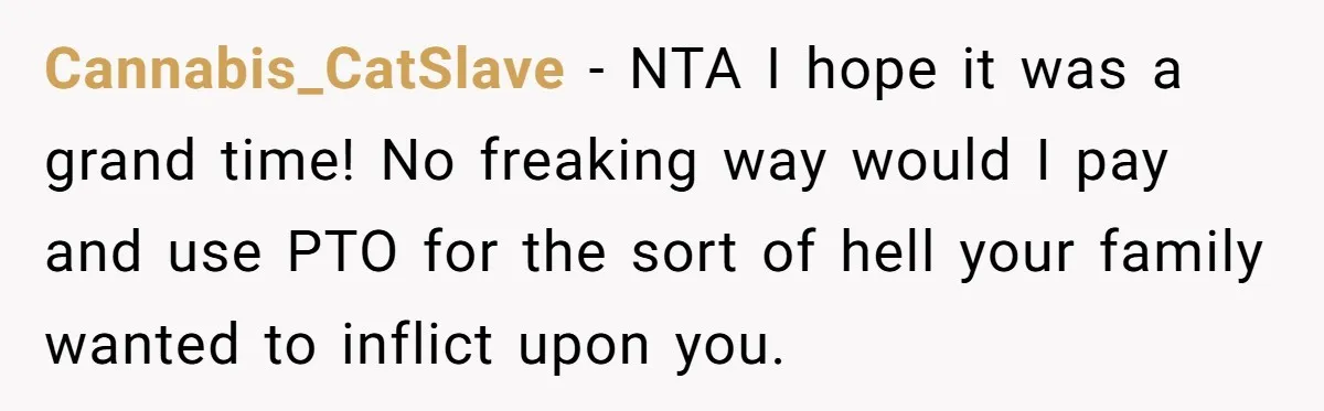 Cannabis_CatSlave − NTA I hope it was a grand time! No freaking way would I pay and use PTO for the sort of hell your family wanted to inflict upon...