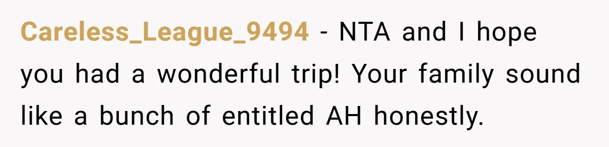 Careless_League_9494 − NTA and I hope you had a wonderful trip! Your family sound like a bunch of entitled AH honestly.
