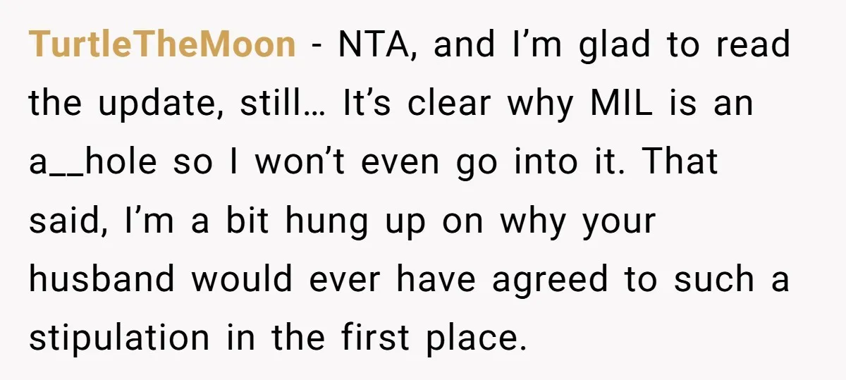 TurtleTheMoon − NTA, and I’m glad to read the update, still… It’s clear why MIL is an a__hole so I won’t even go into it. That said, I’m a bit...