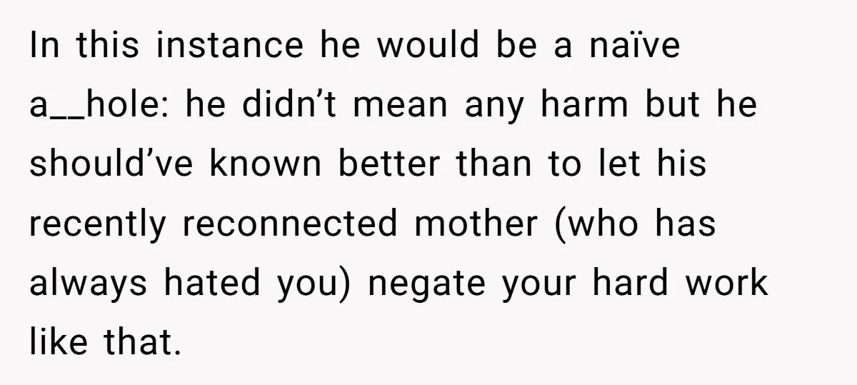 In this instance he would be a naïve a__hole: he didn’t mean any harm but he should’ve known better than to let his recently reconnected mother (who has always hated...